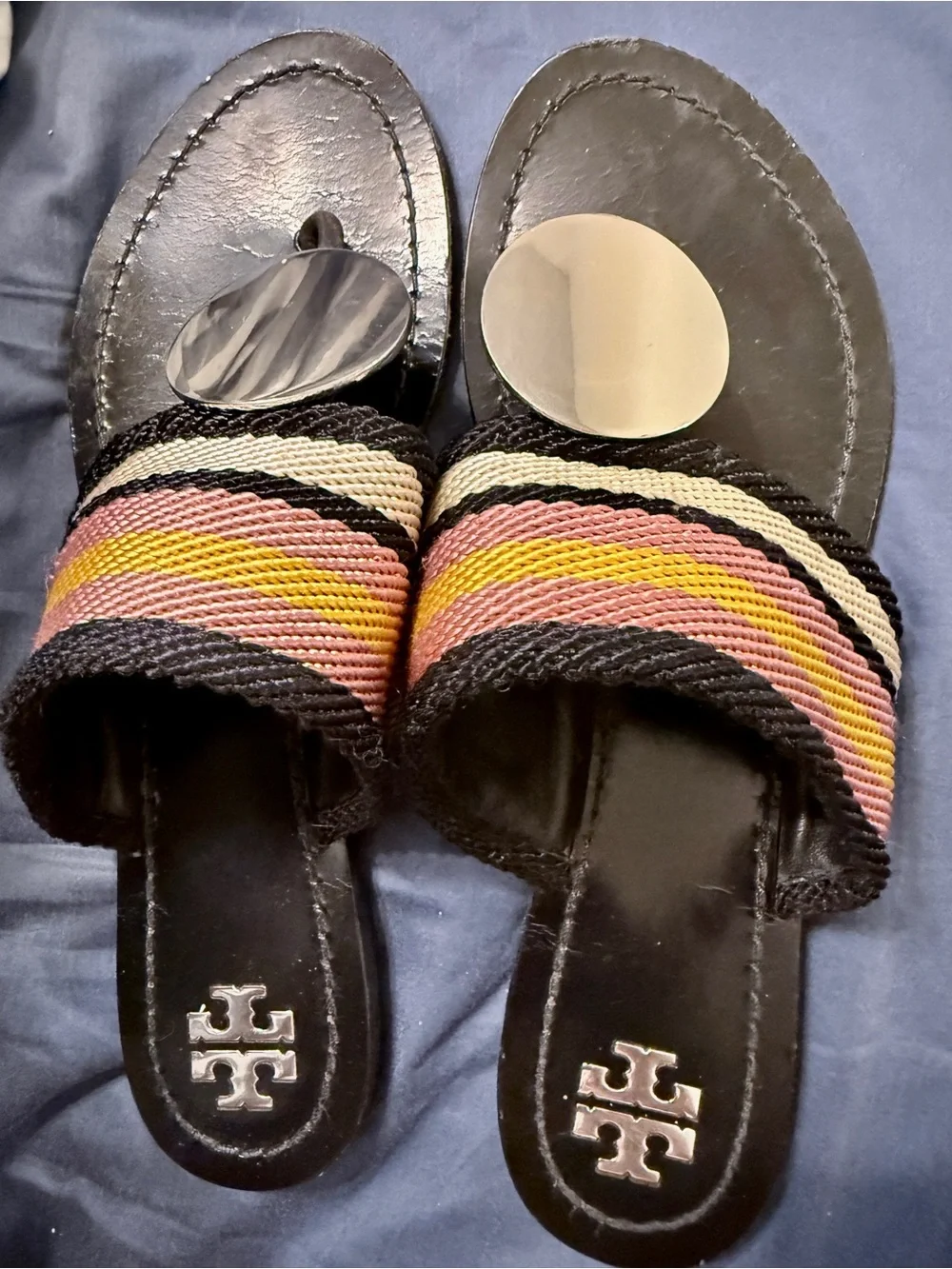 Tory Burch Multicolor Striped Leather Slide Sandals with Gold Medallion